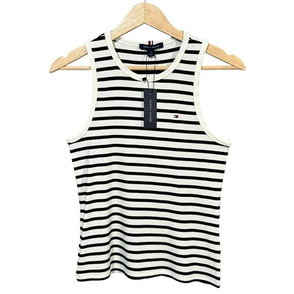 Tommy Hilfiger Womens Slim Fit Stripe Tank Top M Navy Blue-Optic White Stretch - Picture 1 of 4